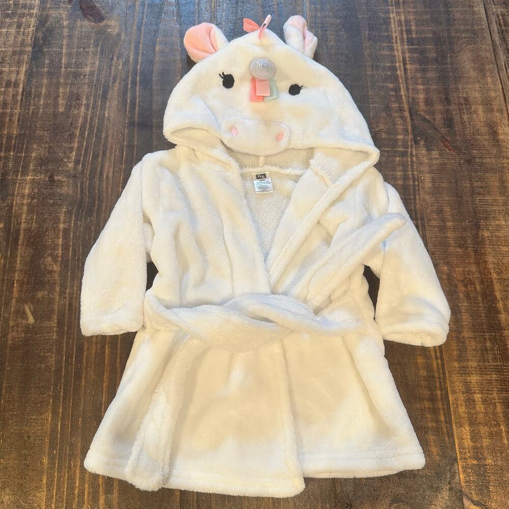 Girls Unicorn Hooded Plush Fleece Robe White Size 0-9 months